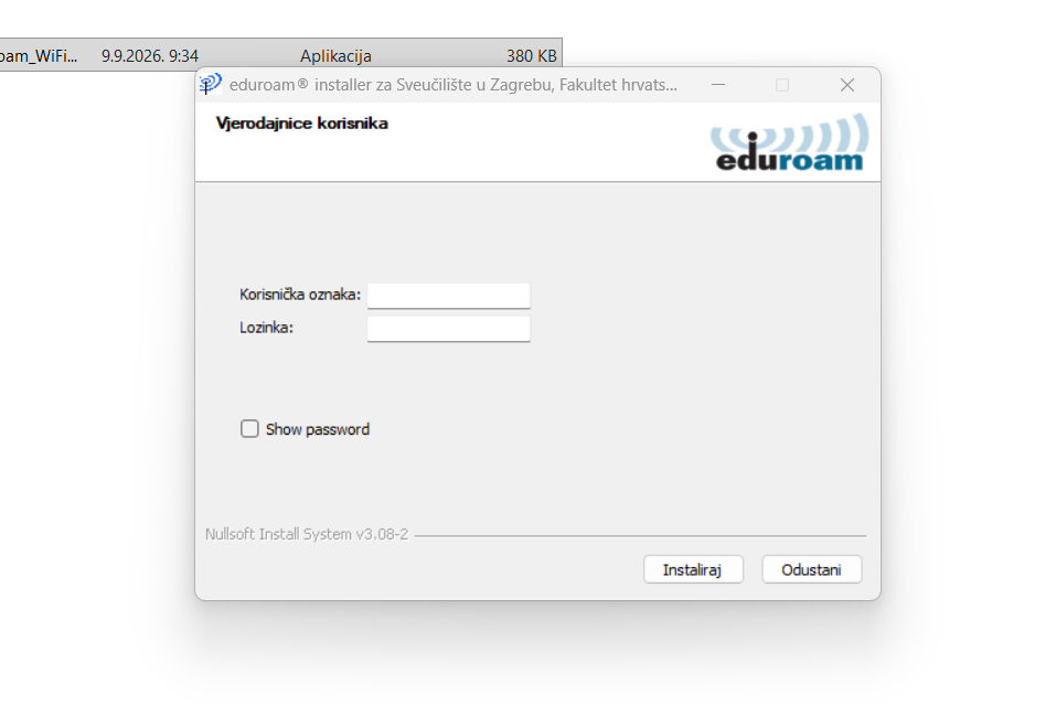 Unos AAI vjerodajnica u Windows eduroam installer